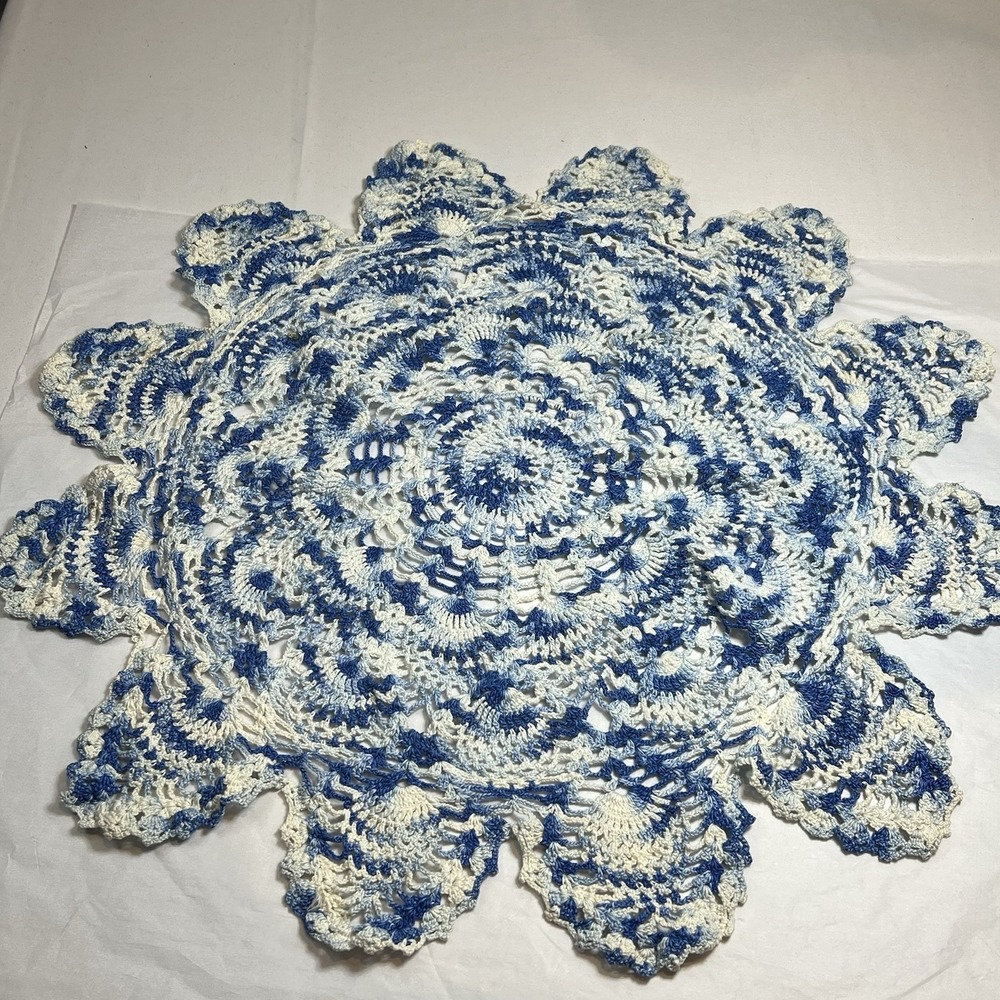 Vintage Blue &‎ white hand crocheted doily round Handmade Granny chic